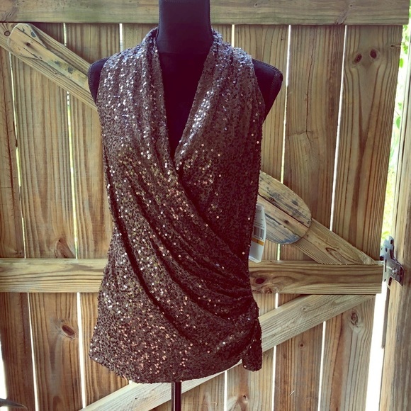 Karen Kane Sleeveless Brown Sequin Surplice Wrap Front Size S - Picture 1 of 5